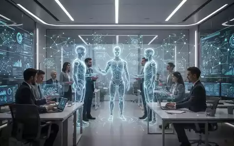 Ein futuristisches Büro, in dem Menschen mit holografischen KI-Agenten und digitalen Schnittstellen interagieren. - Foto: über boerse-global.de
