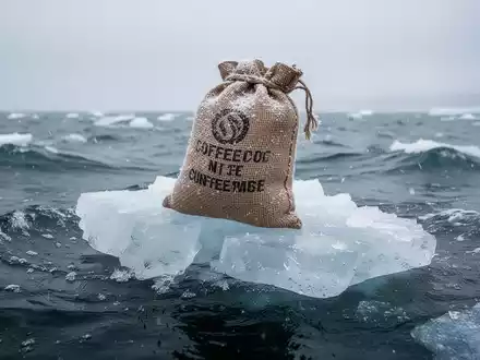 Ein Kaffeesack auf einer Eisscholle im Wasser, was Preisschwankungen und Unsicherheit symbolisiert. - Foto: ĂŒber boerse-global.de
