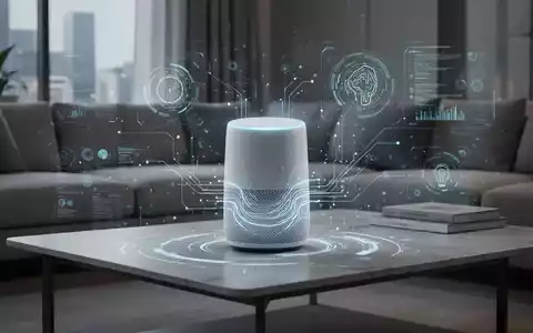 A sleek, modern smart home speaker device with subtle glowing AI patterns, placed on a contemporary living room table. - Foto: über boerse-global.de