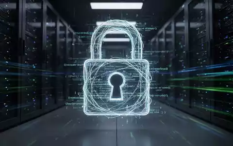 Digital padlock formed by code lines, symbolizing cybersecurity. A glowing, abstract representation of data protection in a dark server room. - Foto: über boerse-global.de
