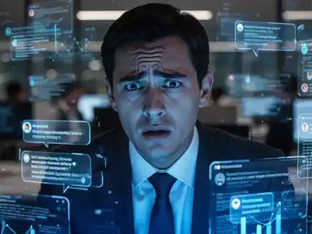 Eine gestresste Person sitzt an einem Schreibtisch, umgeben von leuchtenden Bildschirmen und digitalen Benachrichtigungen. - Foto: über boerse-global.de