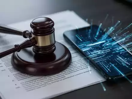 Ein Richterhammer liegt auf juristischen Dokumenten neben einem Smartphone, das digitale Datenströme anzeigt, symbolisiert Gerichtsverfahren und Datenschutz. - Foto: über boerse-global.de