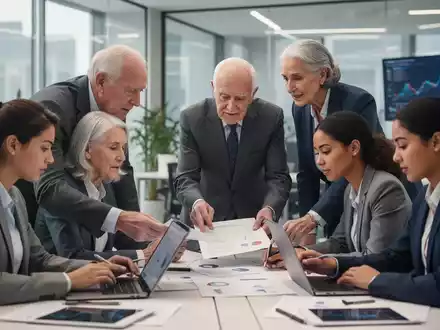 Mehrere Generationen von Mitarbeitern arbeiten in einem modernen Büro zusammen, wobei ältere Kollegen ihr Wissen an jüngere weitergeben. - Foto: über boerse-global.de