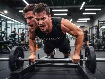 Ein HYROX-Athlet schiebt einen Gewichtsschlitten in einem Fitnessstudio, während er intensiv trainiert. Fokus auf Anstrengung und Entschlossenheit. - Foto: über boerse-global.de