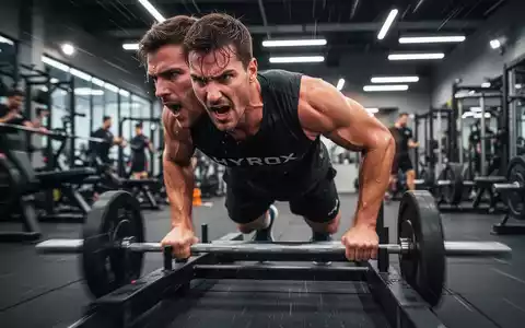 Ein HYROX-Athlet schiebt einen Gewichtsschlitten in einem Fitnessstudio, während er intensiv trainiert. Fokus auf Anstrengung und Entschlossenheit. - Foto: über boerse-global.de