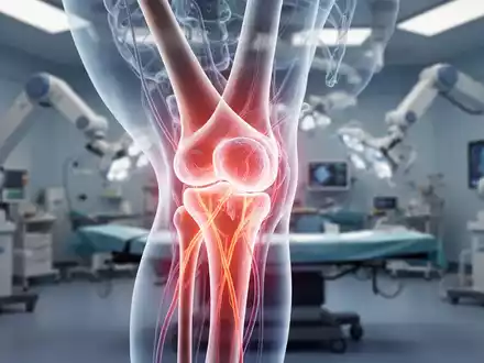 Nahaufnahme eines menschlichen Kniegelenks mit hervorgehobenen Arterien, die auf eine Behandlung gegen Arthrose hinweisen. - Foto: über boerse-global.de