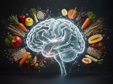 Ein stilisiertes Gehirn mit leuchtenden neuronalen Pfaden, umgeben von gesunden Lebensmitteln wie Obst und Gemüse. - Foto: über boerse-global.de