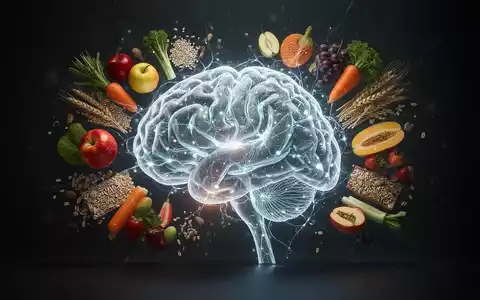 Ein stilisiertes Gehirn mit leuchtenden neuronalen Pfaden, umgeben von gesunden Lebensmitteln wie Obst und Gemüse. - Foto: über boerse-global.de