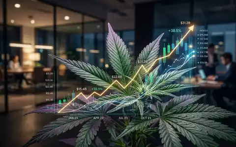 Nahaufnahme von Cannabisblättern mit digitalen Finanzdaten und einem angedeuteten Aufwärtstrend in einem modernen Büroumfeld. - Foto: über boerse-global.de