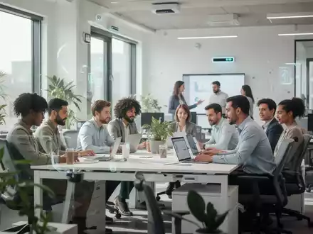 Mitarbeiter in einem modernen, hellen Büro, das eine gesunde und vertrauensvolle Arbeitsumgebung mit smarten Technologien symbolisiert. - Foto: über boerse-global.de