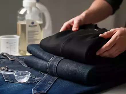 Nahaufnahme von dunklem Jeansstoff und einem schwarzen Baumwollkleidungsstück, das gefaltet wird, mit Waschmittel und Messlöffel im Hintergrund. - Foto: über boerse-global.de