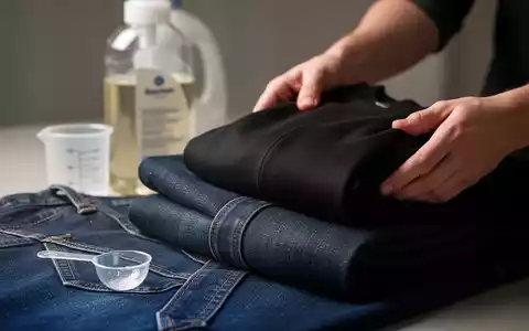 Nahaufnahme von dunklem Jeansstoff und einem schwarzen Baumwollkleidungsstück, das gefaltet wird, mit Waschmittel und Messlöffel im Hintergrund. - Foto: über boerse-global.de