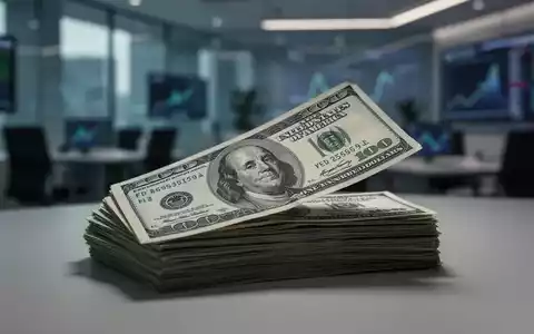 Ein Stapel US-Dollar-Banknoten mit einer leicht schiefen Note vor einem verschwommenen, modernen Bürohintergrund. - Foto: über boerse-global.de