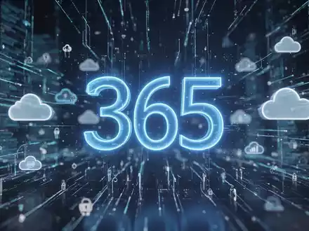 A stylized, glowing blue '365' logo from Microsoft amidst a futuristic digital landscape of data streams and cloud icons. - Foto: über boerse-global.de