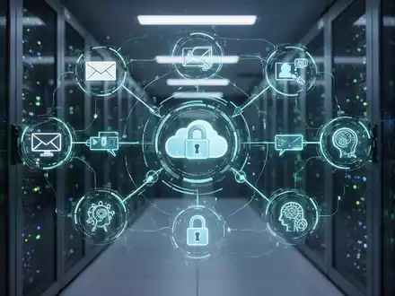 A glowing digital interface with icons for email, cloud storage, video conferencing, and AI, representing secure, sovereign workspaces. - Foto: über boerse-global.de