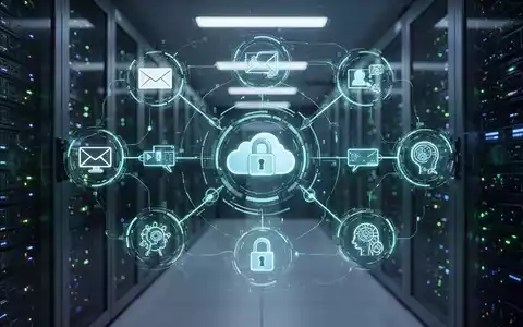 A glowing digital interface with icons for email, cloud storage, video conferencing, and AI, representing secure, sovereign workspaces. - Foto: über boerse-global.de