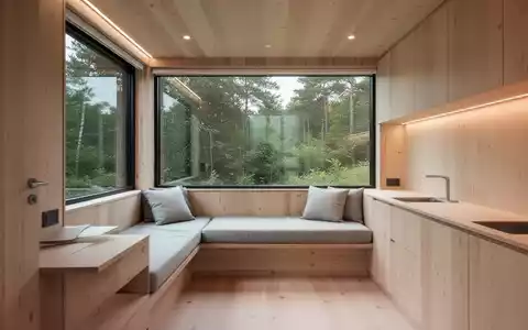 Innenansicht eines modernen Tiny Houses mit minimalistischem Design, Holzoberflächen und einem großen Fenster, das Natur zeigt. - Foto: über boerse-global.de