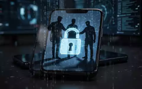 Ein Smartphone-Bildschirm zeigt ein digitales Schlosssymbol, das von Schatten oder Code infiltriert wird, vor einem dunklen technologischen Hintergrund. - Foto: über boerse-global.de