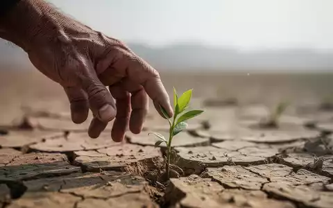 Eine Hand berührt eine kleine grüne Pflanze, die aus trockener, rissiger Erde wächst und ein 52-Wochen-Tief symbolisiert. - Foto: über boerse-global.de