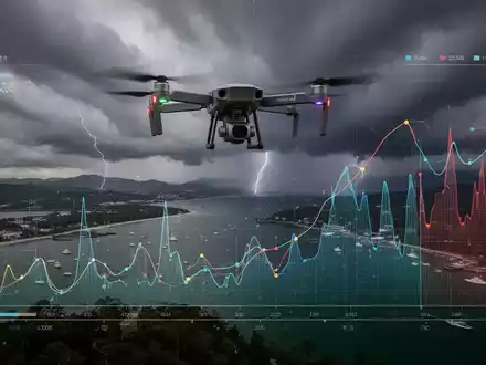 Eine Drohne fliegt über Port Phillip Bay unter einem stürmischen Himmel mit einer Datenvisualisierung. - Foto: über boerse-global.de