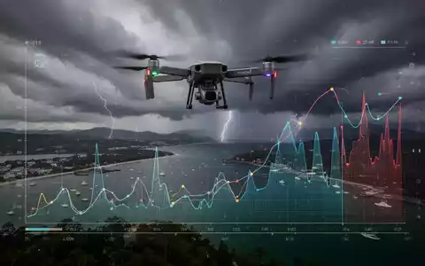 Eine Drohne fliegt über Port Phillip Bay unter einem stürmischen Himmel mit einer Datenvisualisierung. - Foto: über boerse-global.de