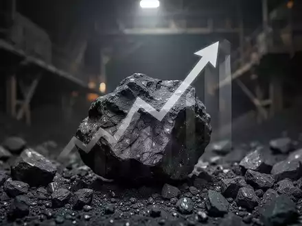 Nahaufnahme eines einzelnen Kohlebrockens mit einem subtilen, nach oben zeigenden Pfeil und einem verschwommenen Industriehintergrund. - Foto: über boerse-global.de