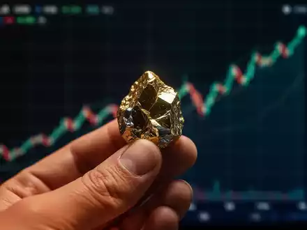 Eine Hand hält ein glänzendes Mineral vor einem unscharfen Finanzchart, das einen Aufwärtstrend zeigt. - Foto: über boerse-global.de