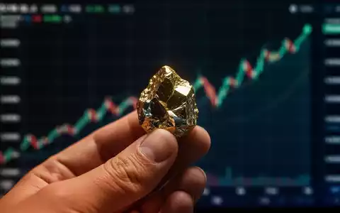 Eine Hand hält ein glänzendes Mineral vor einem unscharfen Finanzchart, das einen Aufwärtstrend zeigt. - Foto: über boerse-global.de