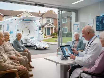 Ältere Menschen erhalten medizinische Versorgung durch ein mobiles Team mit einem spezialisierten LKW, der mit einem CT-Scanner ausgestattet ist. - Foto: über boerse-global.de