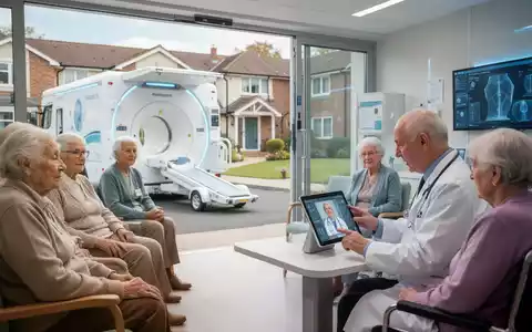 Ältere Menschen erhalten medizinische Versorgung durch ein mobiles Team mit einem spezialisierten LKW, der mit einem CT-Scanner ausgestattet ist. - Foto: über boerse-global.de