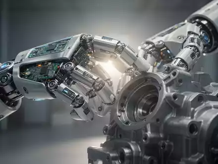 A detailed close-up of a metallic humanoid robot hand with exposed wires and circuits, holding an intricate industrial component. - Foto: über boerse-global.de