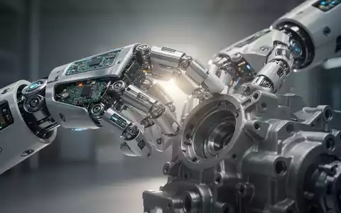 A detailed close-up of a metallic humanoid robot hand with exposed wires and circuits, holding an intricate industrial component. - Foto: über boerse-global.de