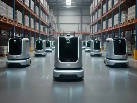 Autonomous mobile robots (AMRs) moving efficiently through a large, modern industrial warehouse with shelves of goods. - Foto: über boerse-global.de