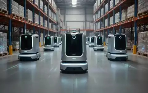 Autonomous mobile robots (AMRs) moving efficiently through a large, modern industrial warehouse with shelves of goods. - Foto: über boerse-global.de