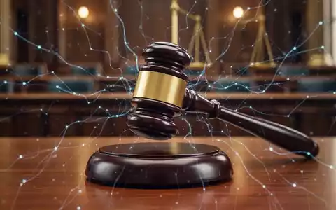 A digital gavel striking a block, intertwined with glowing neural network lines, representing AI product liability and legal action. - Foto: über boerse-global.de