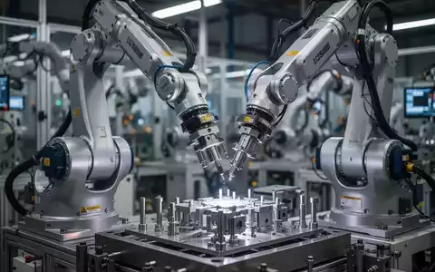 An industrial robotic arm at work in a modern factory, symbolizing growth in the US robot industry. - Foto: über boerse-global.de