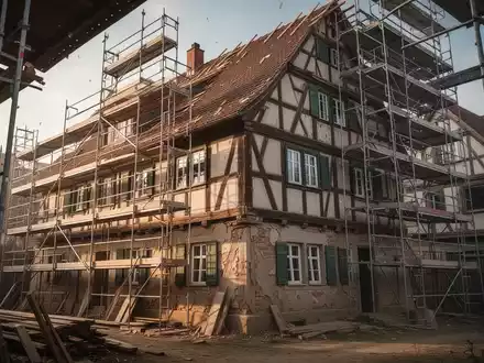 Ein historisches deutsches Fachwerkhaus wird restauriert, mit Gerüsten und Bauzäunen. Fokus auf Denkmalschutz und steuerliche Aspekte. - Foto: über boerse-global.de