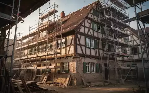 Ein historisches deutsches Fachwerkhaus wird restauriert, mit Gerüsten und Bauzäunen. Fokus auf Denkmalschutz und steuerliche Aspekte. - Foto: über boerse-global.de