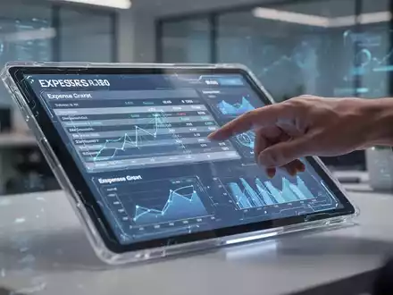 Eine Hand tippt auf einem futuristischen Tablet, das eine digitale Reisekostenabrechnung mit KI-generierten Datenvisualisierungen anzeigt. - Foto: über boerse-global.de