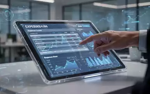 Eine Hand tippt auf einem futuristischen Tablet, das eine digitale Reisekostenabrechnung mit KI-generierten Datenvisualisierungen anzeigt. - Foto: über boerse-global.de