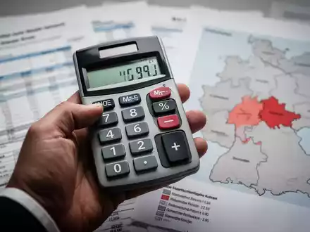 Eine Hand tippt Zahlen in einen Taschenrechner, im Hintergrund unscharf Finanzdokumente und eine Deutschlandkarte mit hervorgehobenen Regionen. - Foto: über boerse-global.de