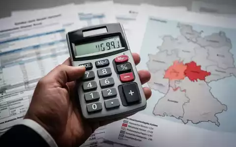Eine Hand tippt Zahlen in einen Taschenrechner, im Hintergrund unscharf Finanzdokumente und eine Deutschlandkarte mit hervorgehobenen Regionen. - Foto: über boerse-global.de