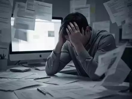 Eine Person sitzt am Schreibtisch, den Kopf in den Händen, umgeben von verschwommenen Dokumenten und einem leuchtenden Computerbildschirm. - Foto: über boerse-global.de