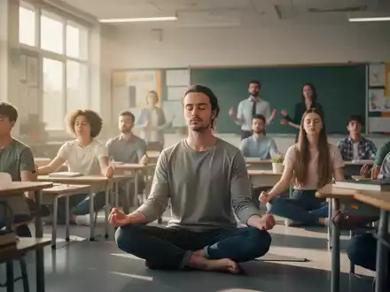 Eine Gruppe von Schülern und Lehrern meditiert ruhig in einem modernen, sonnendurchfluteten Klassenzimmer. - Foto: über boerse-global.de
