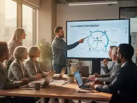 Eine Gruppe Erwachsener in einem modernen Büro nimmt an einer Karriere-Coaching-Sitzung teil und diskutiert berufliche Wege. - Foto: über boerse-global.de