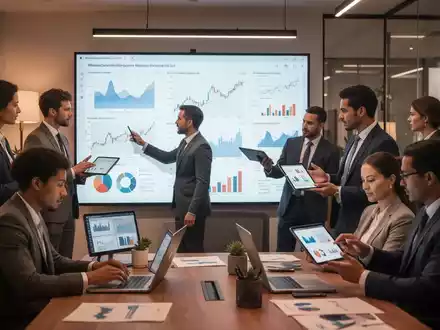 Eine Gruppe von Fachleuten in einem modernen Büro, einige betrachten Diagramme auf einem Bildschirm, andere diskutieren Daten. - Foto: über boerse-global.de