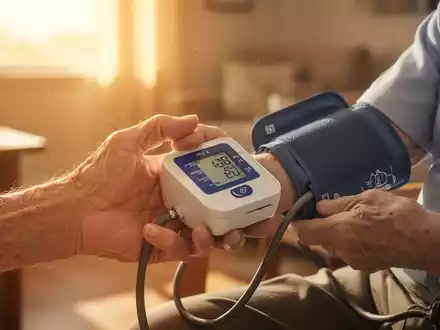 Nahaufnahme der Hand einer älteren Person, die eine Blutdruckmanschette hält, mit einem unscharfen, sonnigen Hintergrund. - Foto: über boerse-global.de