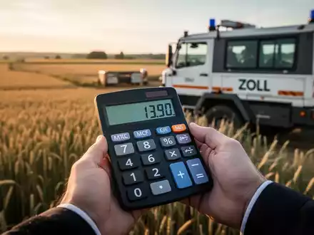 Eine Nahaufnahme einer Hand, die einen Taschenrechner mit der Anzeige „13.90“ hält, im Hintergrund verschwimmen Felder und ein Zollfahrzeug. - Foto: über boerse-global.de