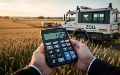 Eine Nahaufnahme einer Hand, die einen Taschenrechner mit der Anzeige „13.90“ hält, im Hintergrund verschwimmen Felder und ein Zollfahrzeug. - Foto: über boerse-global.de
