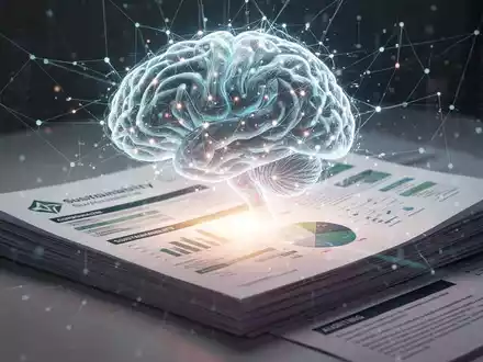 Ein stilisiertes, leuchtendes neuronales Netz verschmilzt mit Nachhaltigkeitsberichten und Prüfungsdokumenten, symbolisierend KI in Compliance. - Foto: über boerse-global.de